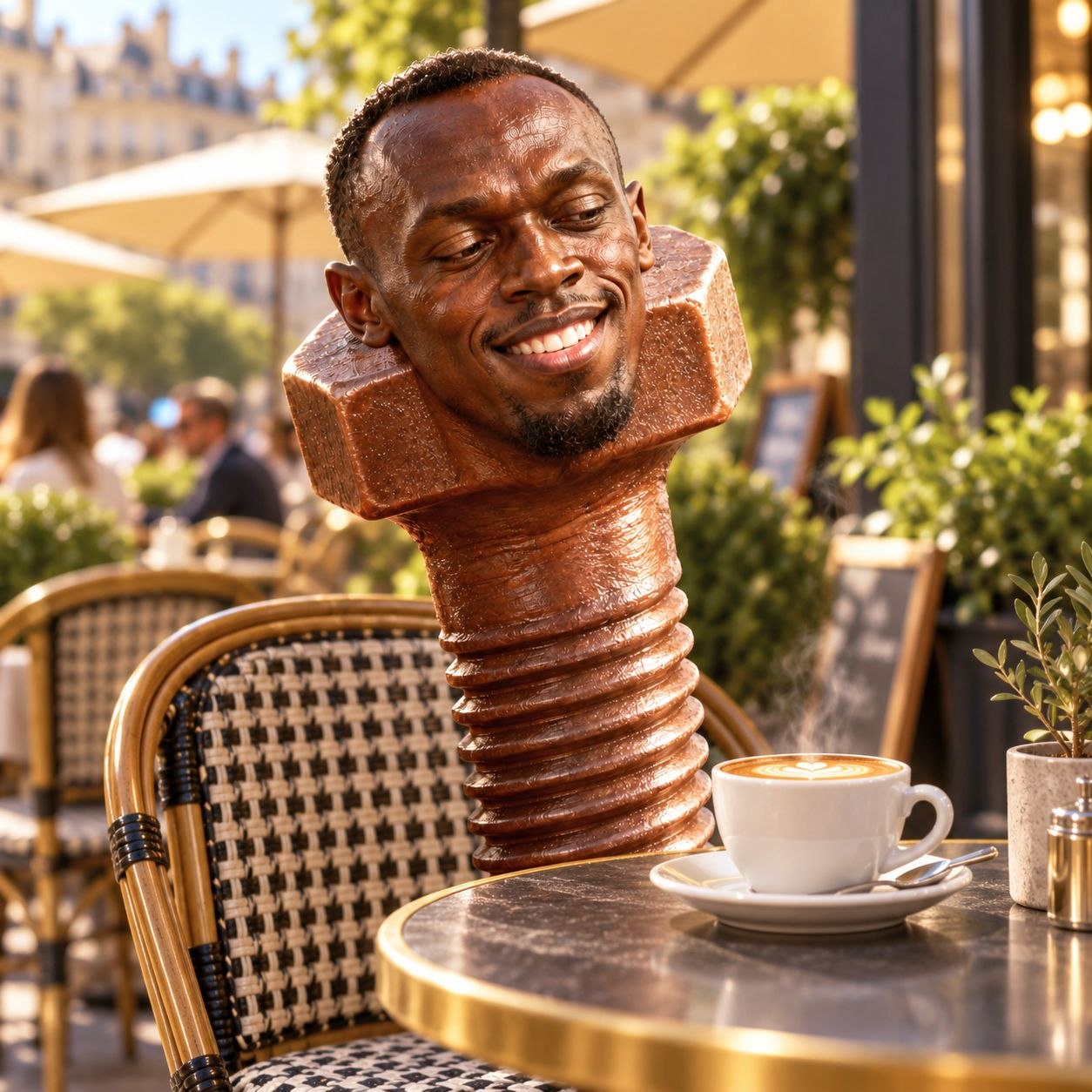Usain Bolt bolt enjoying a latte at a Paris café