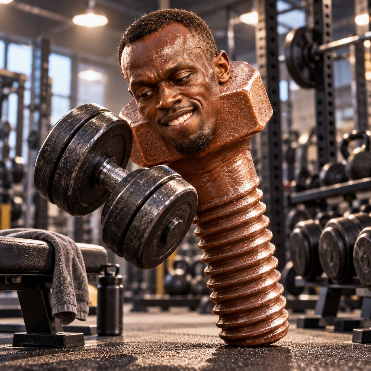 Usain Bolt bolt lifting a dumbbell in the gym