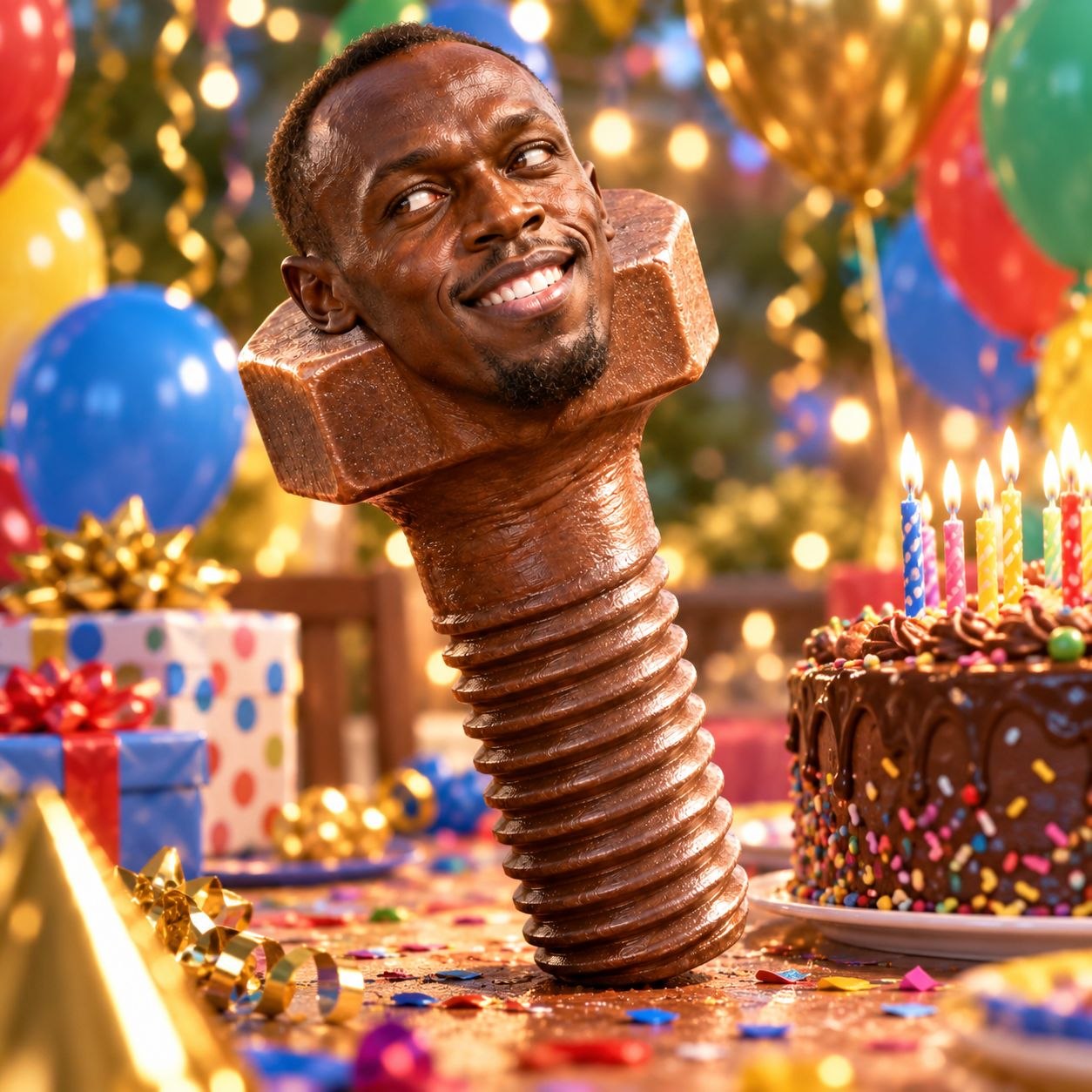 Usain Bolt bolt at a birthday party with cake and balloons