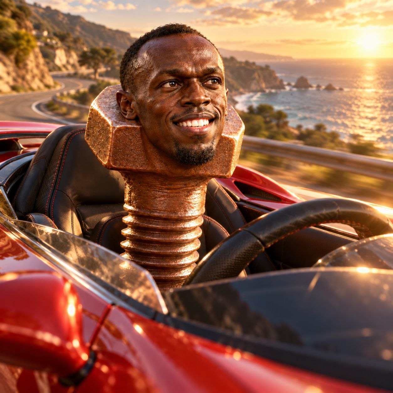 Usain Bolt bolt driving a red convertible along a sunset coast